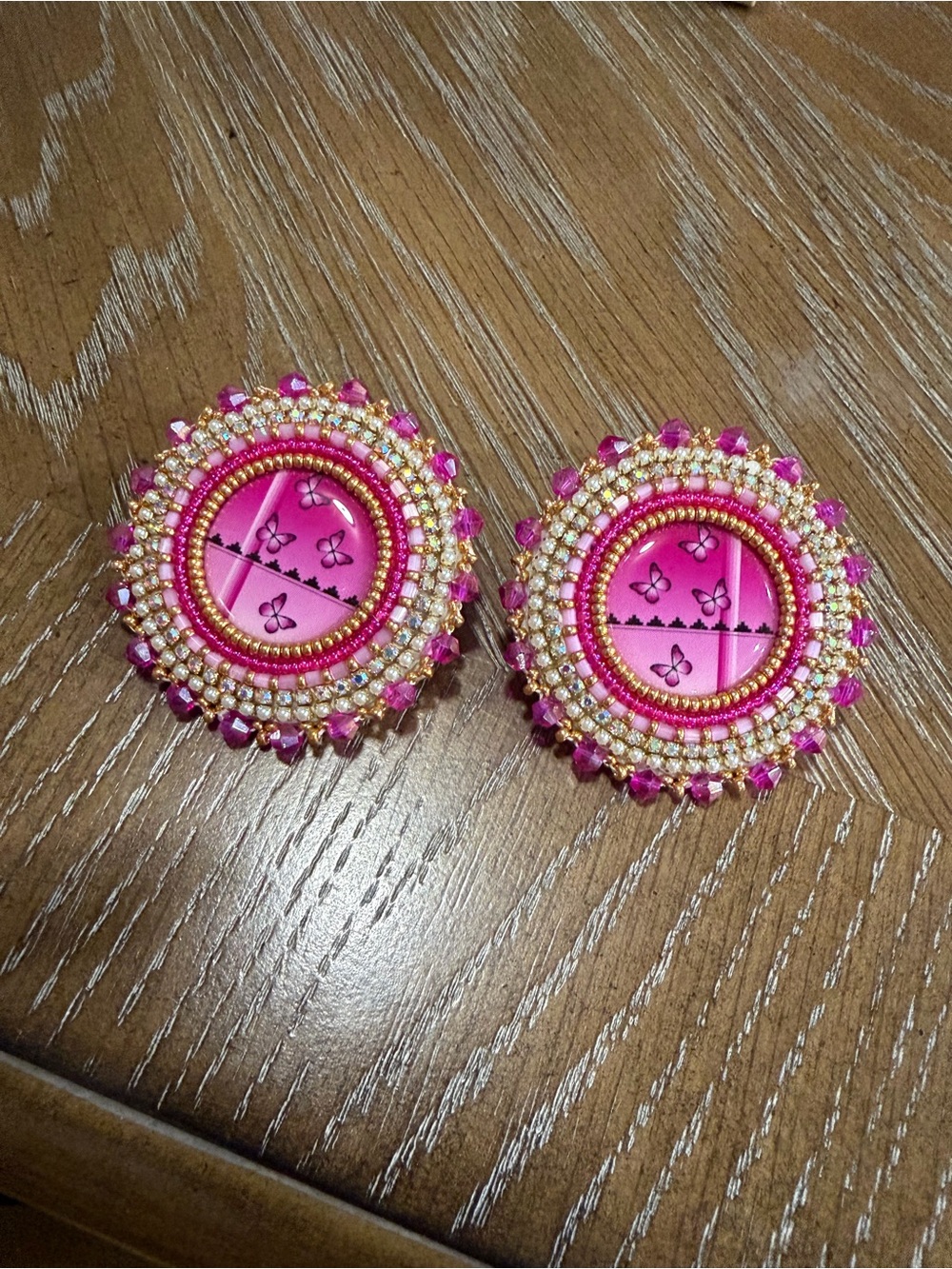 Pink Beaded Round Statement Earrings with Gold Accents